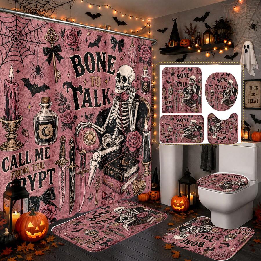 1pc/4pcs Halloween Telephone Skeleton Multi-Function Bathroom Decor Shower Curtain Set, Free 12 Hooks, Premium Holiday Atmosphere, Bathroom Mat, U-Shaped Rug And Round Toilet Lid Cover, Suitable For All Halloween Scenes - Phone Skull - View 1