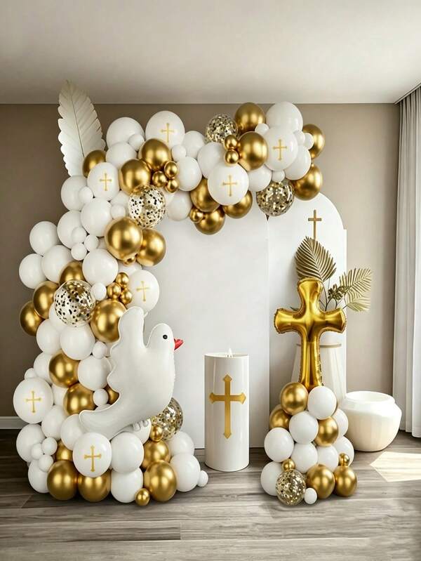 135Pcs White & Gold Baptism Balloon Garland Arch Kit, Cross & Dove Foil Balloons For First Communion Baby Shower Christening Birthday Graduation Religious Party Decor Supplies