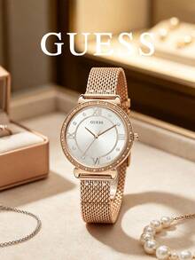 GUESS Rose Gold Mesh Strap Watch For Women, Crystal Paved Bezel Roman Numeral Dial Quartz Wristwatch - White - View 2