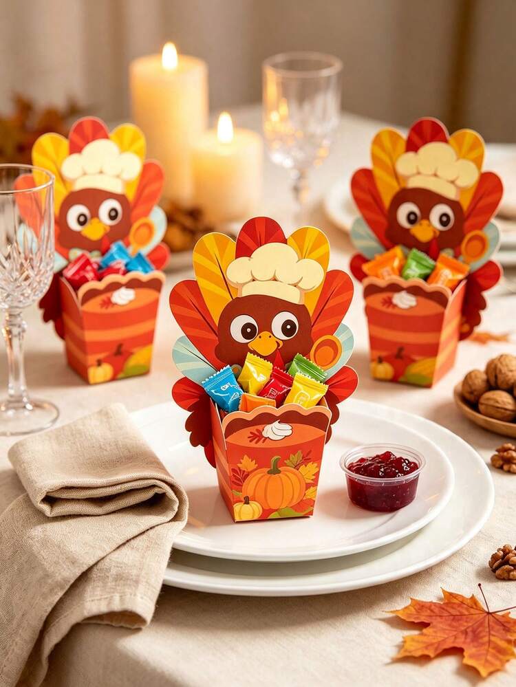 24sets(24 Cards+24 Boxes) Turkey Shaped Gift Boxes Turkey Pumpkin Pattern Paper Gift Packaging Box Cartoon Thanksgiving Harvest Theme Treat Boxes For Fall Thanksgiving Day Party Favors - Multicolor - View 11