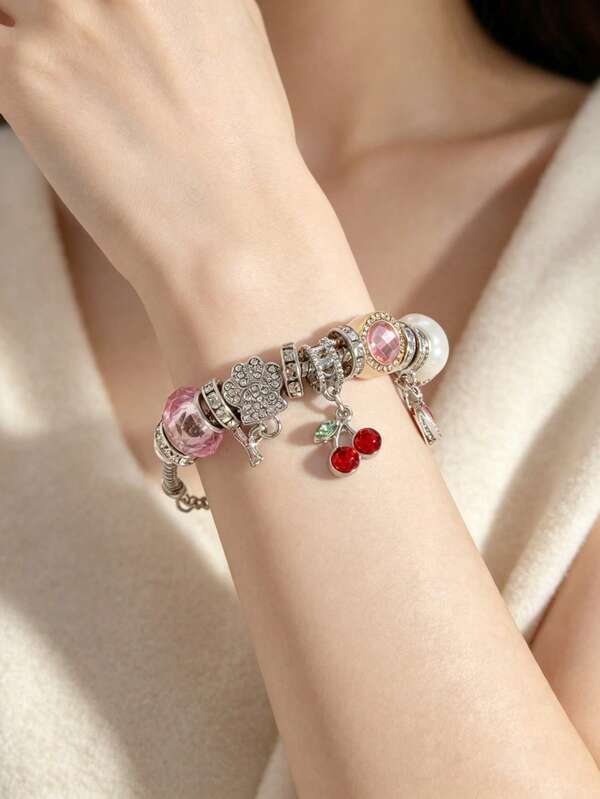 1pc Cherry Bag Pink Fairy Style Beaded Grand Slam Bracelet, Versatile Luxury High-End Jewelry