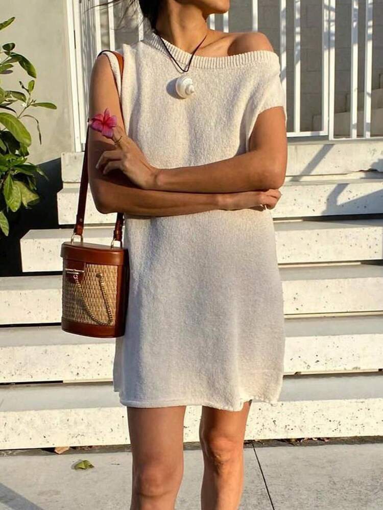 Gaun Elegan Fashion Musim Panas Wanita, Gaun Putih Polos Longgar Satu Bahu, Cocok untuk Bepergian, Kencan, dan Pakaian Sehari-hari - Aprikot - View 8