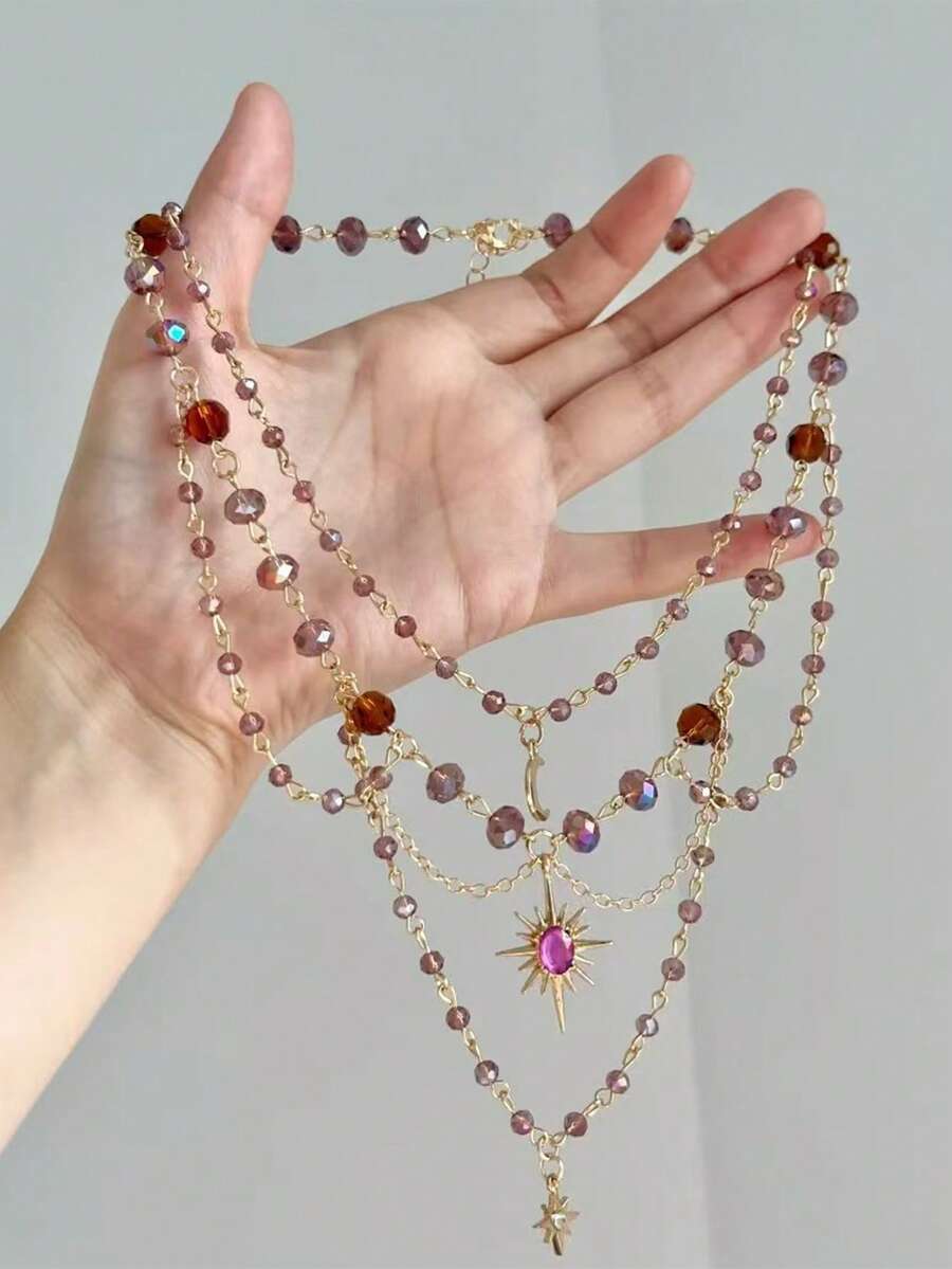1pc Vintage Luxury Sun Tassel Pendant Collarbone Necklace, Suitable For Women's Daily Wear, Gatherings And Vacations - Multicolor - View 1