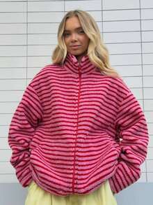 Women's Winter Plush Striped Colorblock Zip-Up Jacket, Collegiate Style - Red - View 5