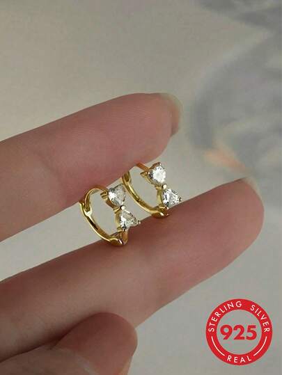 1 par de pendientes elegantes estilo Ins de plata de ley S925 con lazo y circonita brillante, adecuados para mujeres y niñas, regalo ideal para fiestas, citas y uso diario