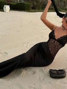 Chic Women's Semi-Sheer Bodycon Sundress, Sleeveless With Spaghetti Straps And Lace Detail For A Formal Look - Black - View 4