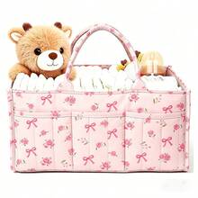 New Quilted Pink Bow Baby Diaper Bag, Portable Foldable Large Capacity Tote Bag For Mother And Baby Travel - Multicolor - View 1