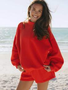 Women's Lazy Style Sweatshirt Shorts Set Oversize Design Sweet Style Versatile For Daily Casual Looks - Red - View 1