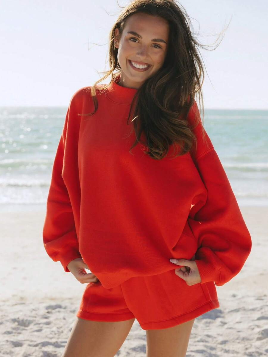 Women's Lazy Style Sweatshirt Shorts Set Oversize Design Sweet Style Versatile For Daily Casual Looks - Red - View 1