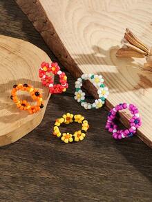 5pcs Summer Creative Colorful Daisy Elastic Cord Ring Set, Beach Vacation Girl Style Floral Beaded Multi-Layer Stackable Rings, Suitable For Women, Fashion Stackable Rings, Suitable For Summer Beach Vacation, Suitable For All Seasons - Multicolor - View 6