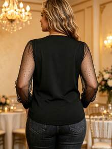 Plus Size Women's V-Neck Mesh Long Sleeve T-Shirt, Casual Summer/Autumn Top - Black - View 3