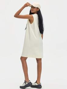 Leorrey 1pc Women's Fashion Long Tank Dress, Round Neck, Sleeveless, Ruched Cuffs, Loose, Soft, Comfortable, Sports Dress - Beige - View 8