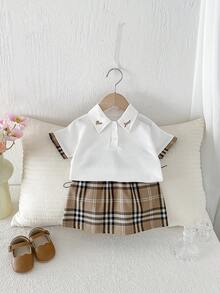 Miniweenns Baby Girl Preppy Back To School Summer Letter Embroidered Polo Collar Set, White & Brown Plaid Short Sleeve Top + Skirt 2-Piece Outfit - Multicolor - View 9