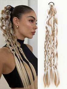 Extensión de cabello de cola de caballo de burbuja de 24 pulgadas hecha a mano de color mixto, adecuada para todos los tipos de cabello de mujer, bandas elásticas de goma - Bloque de color 2 - Ver 14
