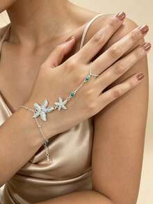 1pc Fashionable Ocean Style Starfish Pearl Beaded Finger Chain, Suitable For Women's Daily, Vacation, Beach, Date Wear, Bracelet Size Is Based On The Actual Size, Not Based On The Beads - Red - View 9