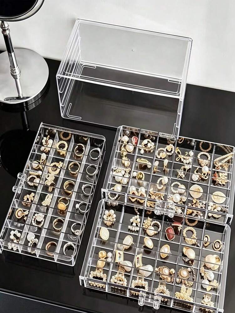 1pc Large Capacity 72-Slot Acrylic Jewelry Box, Transparent Multi-Layer Stackable Drawer Organizer, Jewelry Storage & Organization, Holiday Gift - Transparent - View 4