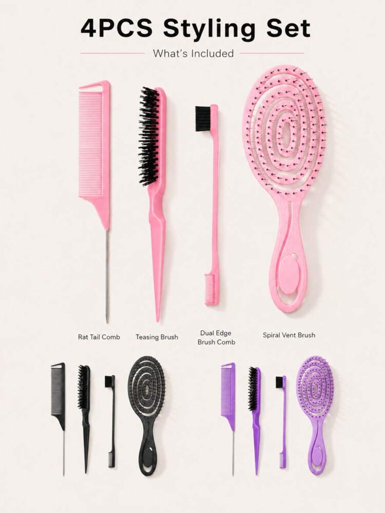 Hair Styling Brush, Detangling Hair Brush For Curly Wavy Straight Hair, Wet Dry Brush With Flexible Pins, Pointed Tail Comb For Sectioning And Daily Styling - Comb Set - View 2