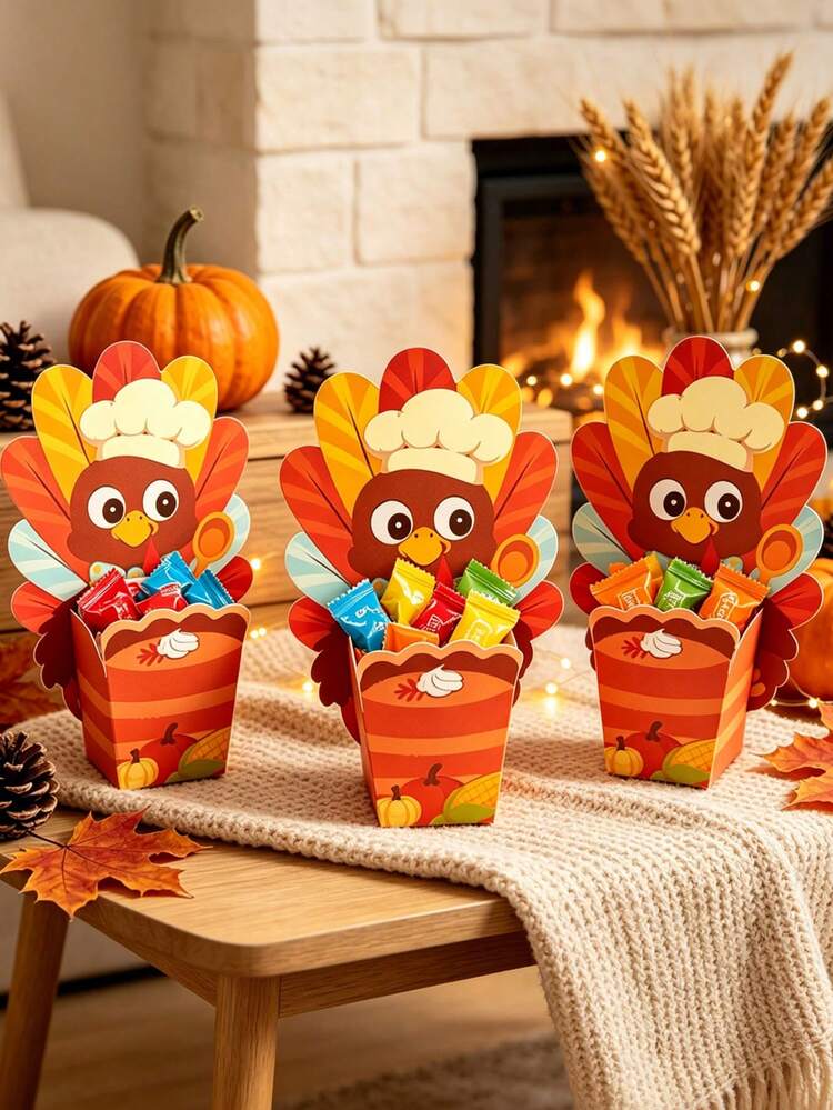 24sets(24 Cards+24 Boxes) Turkey Shaped Gift Boxes Turkey Pumpkin Pattern Paper Gift Packaging Box Cartoon Thanksgiving Harvest Theme Treat Boxes For Fall Thanksgiving Day Party Favors - Multicolor - View 12