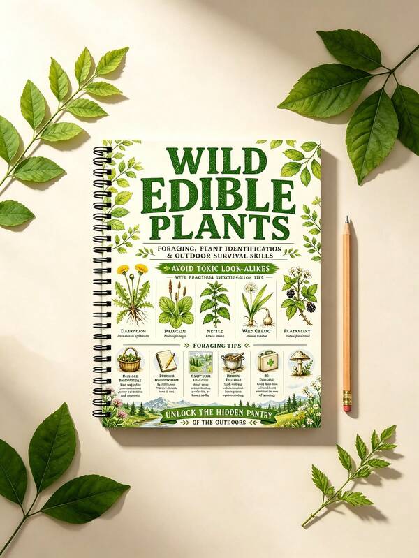 Wild Plant Identification Spiral Notebook, Outdoor Survival Plant Recognition Memo Pad, Vintage Mori Style Hand-Drawn Wild Vegetable Identification Manual, Waterproof Laminated Cover, Thick Writing Pages, Outdoor Foraging And Gathering Record Journal, Natural Style Camping Hiking Portable Notebook, Suitable For Forest Pastoral, Vintage Natural, Outdoor Camping, Wabi-Sabi Original Styles, Paired With Fresh Green Leaves And Wooden Pencils To Create A Healing Natural Desktop Scene, Portable Size For Easy Storage And Space-Saving, Cross-Border Hot-Selling Outdoor Survival Stationery Bestseller Plant Identification Spiral Notebook