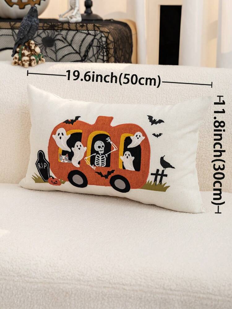 1pc Halloween Ghost & Bat Embroidered Pillowcase, Halloween Pumpkin Pillowcase, Suitable For Indoor Decor, Ghost Festival Decoration, All-Season Pillowcase, Without Insert - Orange - View 3