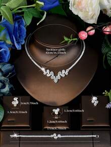 1 Set Niche Designer Dynamic Symmetrical V-Shaped Water Drop Floral Cluster Zirconia 4-Piece Jewelry, Fashion Week Show Commemorative Anniversary Gift Unique Accessory - Silver - View 7