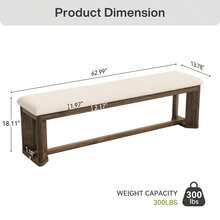 LITTLE TREE 160 Cm Country-Style Solid Wood Dining Bench, Antique Brown Legs, Seat Cushion Included, For Bed Foot, Hallway, Living Room - White/brown - View 3