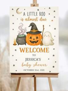 客製化姓名萬聖節嬰兒派對歡迎牌（僅帆布）－個性化「A Little Boo」歡迎海報，南瓜幽靈兒童生日派對無框 - 彩色 - 查看 4