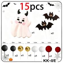 15 Peças Conjunto de Decoração de Bolo de Halloween com Fantasma Demônio Fofo, Toppers de Bolo de Morcego com Glitter, Decoração de Bolas de Espuma Preta, Dourada, Branca e Vermelha, Estilo Gótico Fofo e Excêntrico, Suprimentos de Decoração de Sobremesa e Cozimento para Festa de Aniversário de Halloween Infantil - Multicolorido - Visão 6
