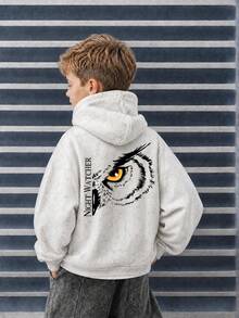 1pc Tween Boy Cool Owl Night Watcher Print Hooded Sweatshirt, Pure White Loose Casual Pullover Top For Spring And Autumn - White - View 2