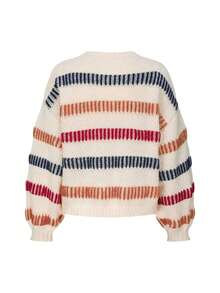 Women's Multicolor Striped Crew Neck Sweater, Long Sleeve Loose Fit Rib-Knit Pullover, Casual Fall Winter Knitwear For Everyday Comfort And Style - Beige - View 6
