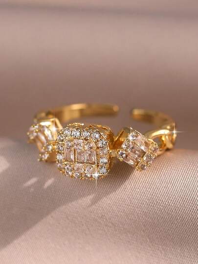 jealous young 1pc Luxury Multi-Cut Square Cubic Zirconia Unisex Ring, Fashion Unique Geometry Gold Plated Copper Ring For Daily Wear, Date, Travel, Wedding, Party