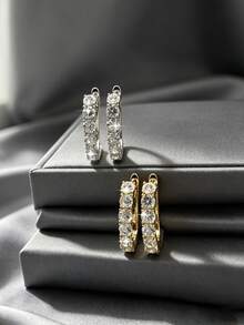 2 Pairs Luxury Elegant Copper Inlaid Zirconia Geometric U-Shaped Ear Cuffs, Round Earrings Set For Women, Dating Gift - Multicolor - View 8