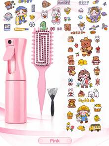 可愛 DIY 造型禮品套組，包含噴霧瓶、造型梳、尾梳和卡通貼紙頁，便攜式美髮護理套裝，適合女性，粉色、紫色、白色、綠色、黑色可選 - 彩色 - 查看 7