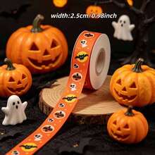 1 pieza Cinta con patrón de calabaza y murciélago de Halloween, cinta para envolver regalos, cinta decorativa de Halloween, tamaño 2.5cm*10, cinta acanalada para pastel de cumpleaños festivo, adecuada para envolver regalos, decoración de fiesta de Halloween y manualidades DIY - Multicolor - Ver 10