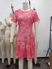 春夏熱銷新款時尚數位印花牛奶絲涼感面料約會日常通勤百搭荷葉邊A字洋裝 粉色 - 粉色 - 查看 5