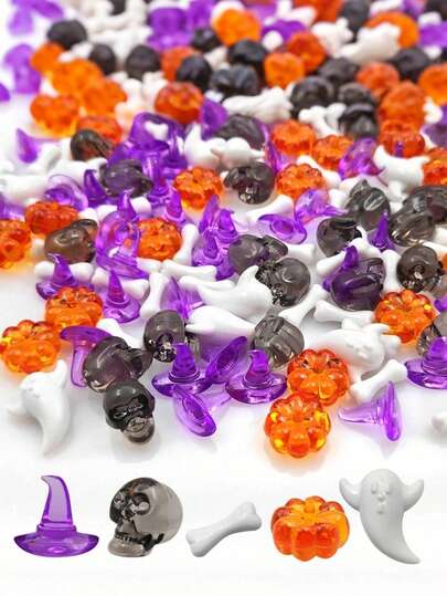 50/10pcs Halloween Mixed Resin Decor Set, Includes Pumpkin, Skull, Ghost, Witch Hat And Bone Flat Back Charms, Suitable For Jewelry Making, Phone Case Decoration, Handmade Crafts, Hair Clip Decoration, Halloween Party Decoration