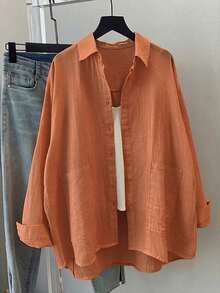 Plus Size Women's Solid Color Long Sleeve Casual Loose Blouse, Spring/Summer - Orange - View 1
