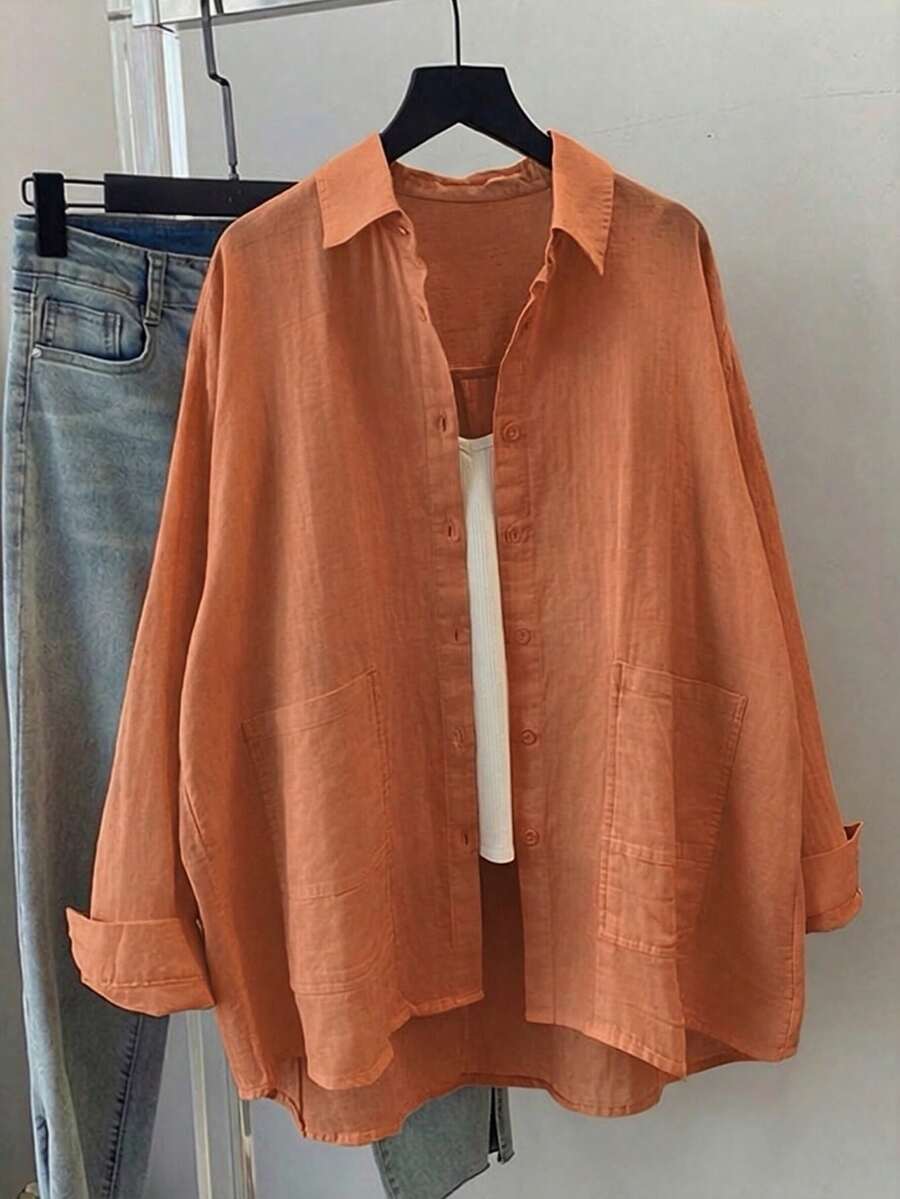 Plus Size Women's Solid Color Long Sleeve Casual Loose Blouse, Spring/Summer - Orange - View 1