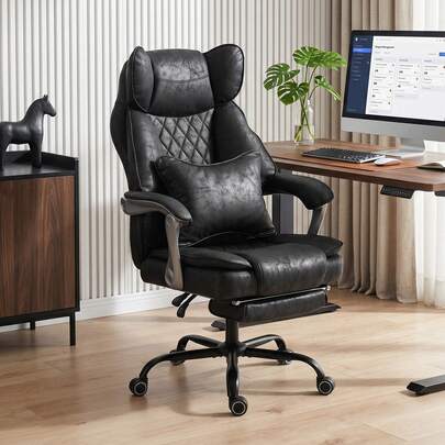 HOMCOM Executive Office Chair With Footrest, 400lb Big And Tall Leathaire Desk Chair With Wide Seat, Reclining Back, Lumbar Support, Built-In Headrest, Class 4 Gas Lift, Black