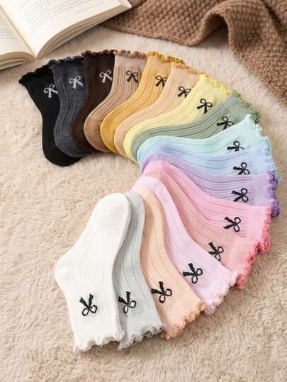 10 Pairs Kids Spring/Autumn Long Tube Rolled Edge Lace Socks, Comfortable Sports Casual Unisex Elastic Mid-Calf Socks For Students