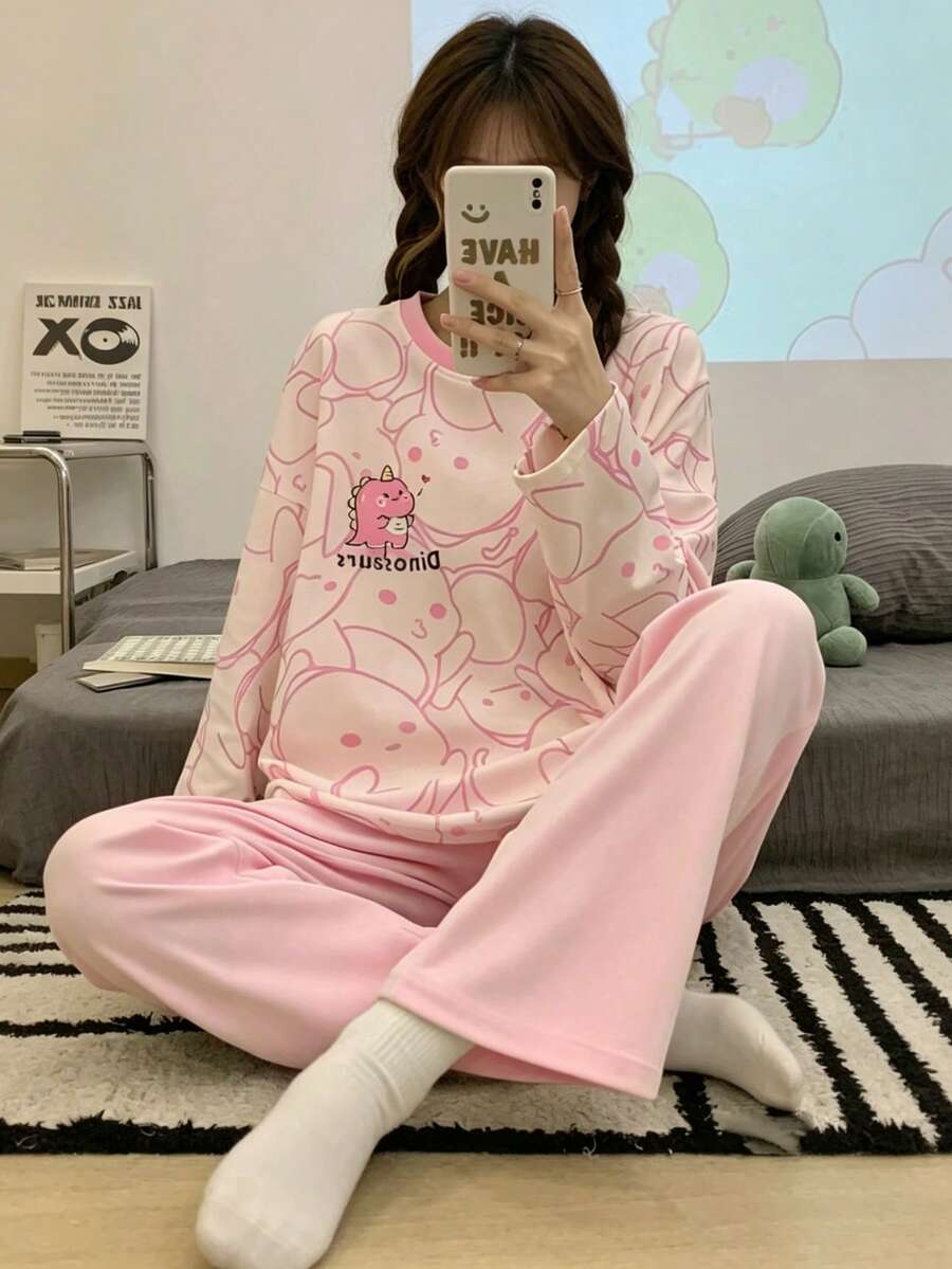 AICJ 两件套女士休闲恐龙印花长袖上衣和裤子睡衣套装，适合春、夏、秋季穿着，舒适保暖，秋冬皆宜。 - 淺粉色 - 查看 1