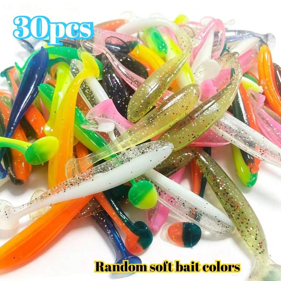 30pcs Two-Tone T-Tail Fishing Lures, Grub Soft Baits, Assorted Colors, Artificial Swimbaits, Fishing Lures - Multicolor - View 1