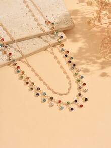 2pcs/Set Exquisite Fashionable Colorful Tassel Rhinestone With Gold Chain Double Layer Waist Chain Women's Waist Jewelry Suitable For Daily Wear, Summer Vacation, Beach Party, Music Festival, Random Color Distribution Of Rhinestones - Multicolor - View 3