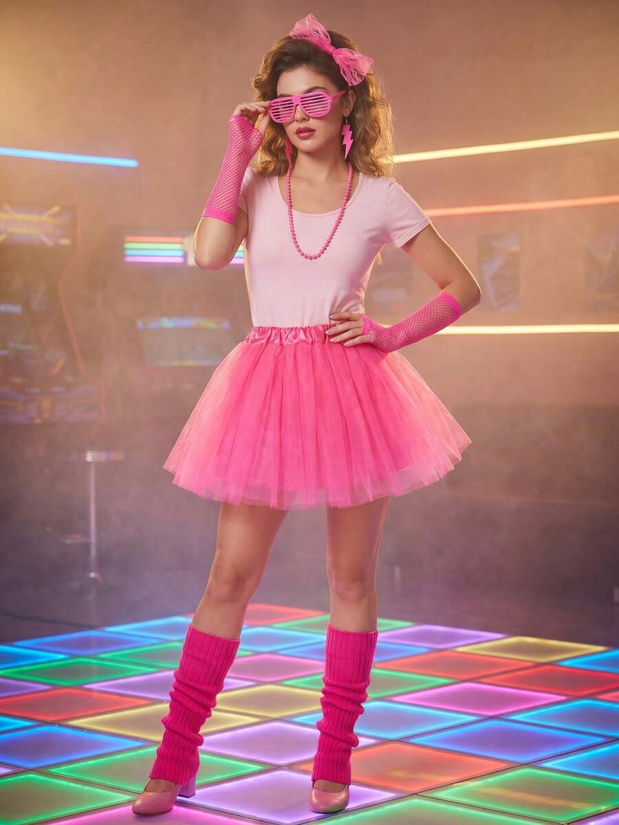 Rainbow 80s 7-Piece Adult Retro Party Costume Set, Shutter Shades, Rainbow Scrunchie Socks, Lace Headband, Neon Gloves, Lightning Earrings, Disco Outfit Props, Suitable For Neon/Rainbow Dopamine Colorful Party, Neon UV Fluorescent Party, Blacklight Glow Party, Rainbow Dopamine Theme Birthday Party, Halloween Retro Funny Cosplay, Carnival, Colorful Festival, Costume Party - Multicolor - View 1