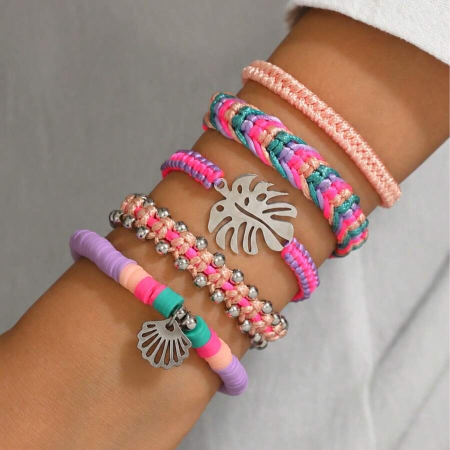 5pcs Set Fashionable Ocean-Inspired Metal Leaf, Seashell & Beaded Adjustable Handmade Woven Bracelet, Suitable For Women's Daily, Vacation, Beach Outfit - Multicolor - View 1