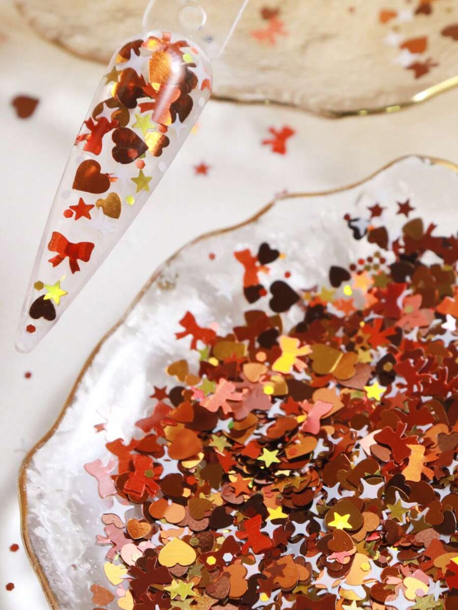 1 Pacote 5g Flocos de Glitter Mistos para Arte de Unhas de Outono, Peças Finas Brilhantes em Formato de Coração, Laço e Estrela, Decoração de Outono, Suprimentos e Acessórios DIY para Arte de Unhas