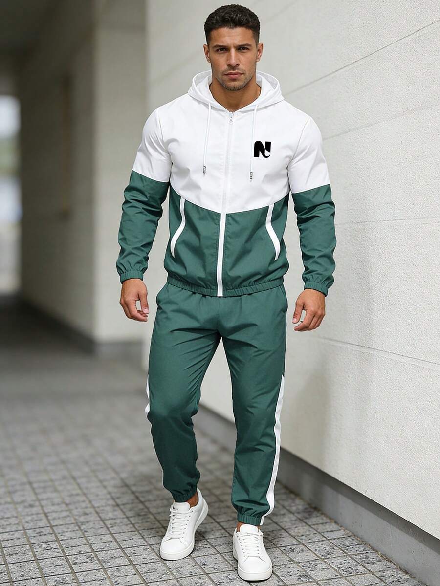 1套男士拼色連帽運動套裝,字母N印花拉鍊外套與慢跑褲,2件式休閒運動服 - 綠色 - 查看 1