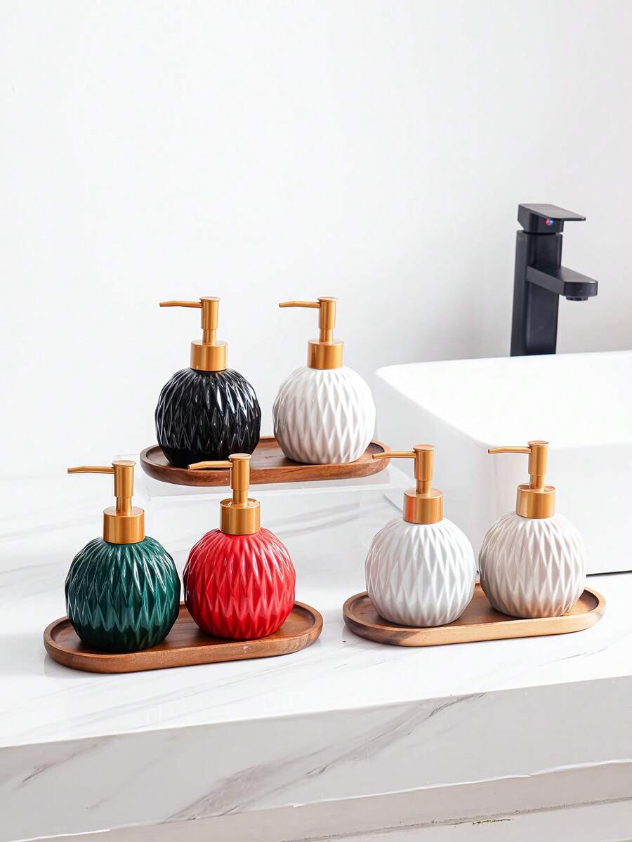 1pc Ceramic Round Bathroom & Kitchen Dispenser Bottle, Nordic Luxury High-End Spherical Rhombus Embossed Texture Minimalist American Creative Solid Color Multi-Color Shower Bottle, Hotel Restaurant Cafe Bar Bathroom Kitchen Home Decor Ornament, Shampoo Body Wash Hand Soap Detergent Lotion Dispenser Pump Bottle - Multicolor - View 1