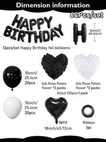 11/60/64件組 黑白生日裝飾套組－黑白人造玫瑰花瓣＋Happy Birthday橫幅＋心形鋁箔氣球＋乳膠氣球，適用於男女生日派對裝飾、飯店房間裝飾、驚喜生日派對、週年紀念 - 黑白 - 查看 12