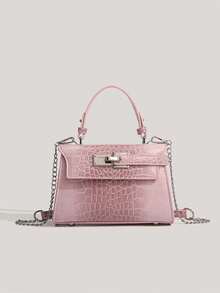 Sweet Cool Y2K High-End Lock Design Crocodile Embossed Small Square Bag Versatile Shoulder Crossbody Handbag - Pink - View 6